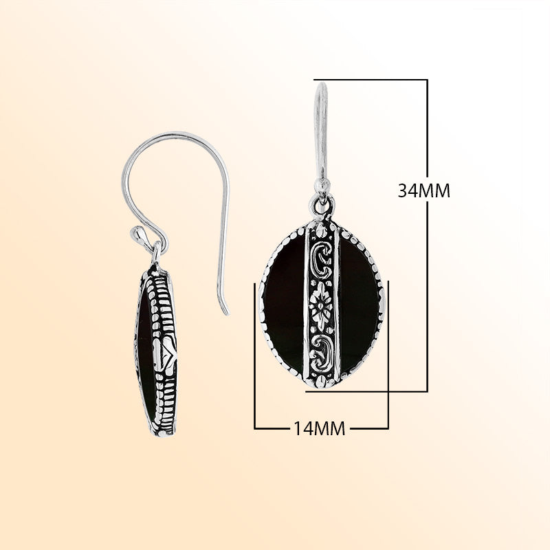 Sterling silver earrings with Black Shell oval design and floral engraved silver detailing.