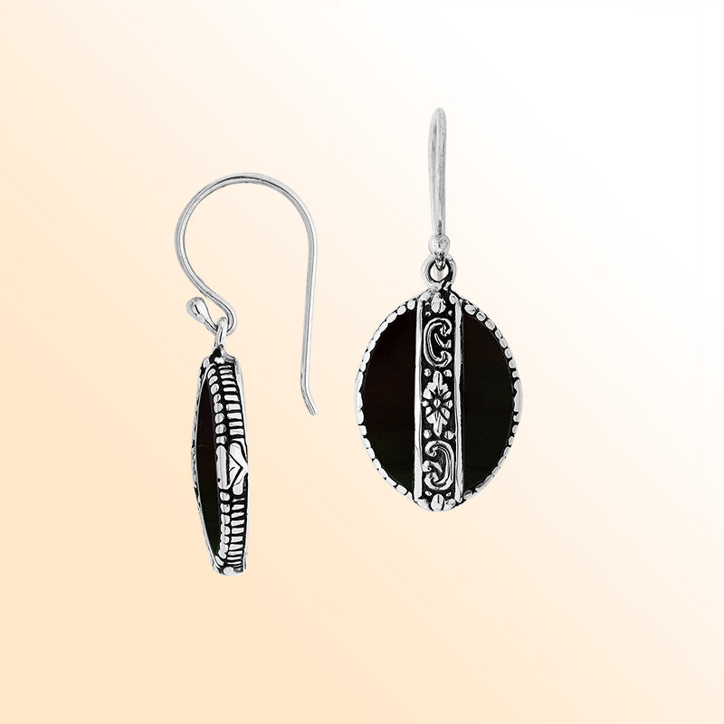 Sterling silver earrings with Black Shell oval design and floral engraved silver detailing.