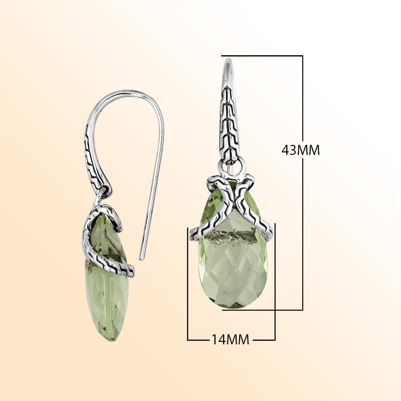 Sterling silver earrings with Green Amethyst Quartz elongated drop design and woven silver detailing.