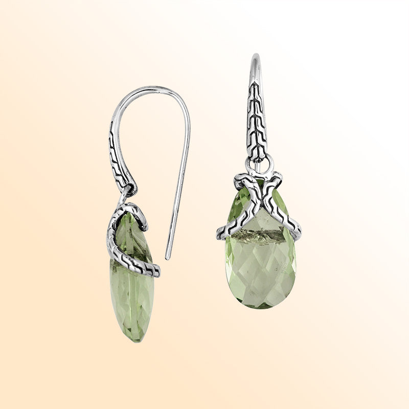 Sterling silver earrings with Green Amethyst Quartz elongated drop design and woven silver detailing.