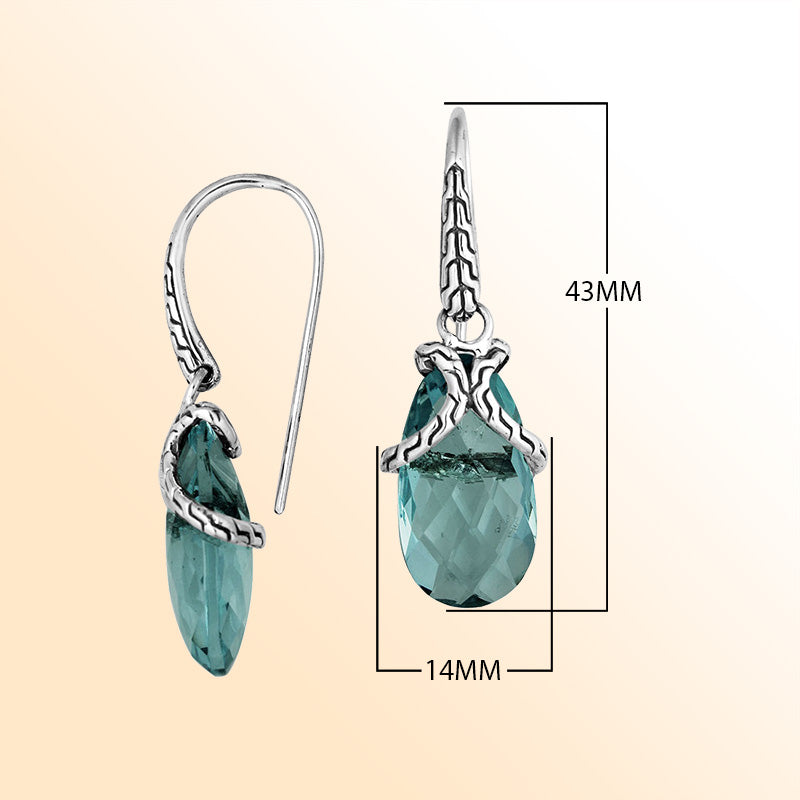 Sterling silver earrings with London Blue Topaz Quartz elongated drop design and woven silver detailing.