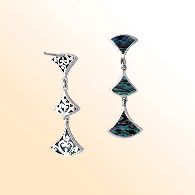 Sterling silver Abalone Shell drop earrings with filigree accents and post clip lock.