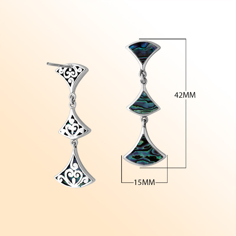 Sterling silver Abalone Shell drop earrings with filigree accents and post clip lock.