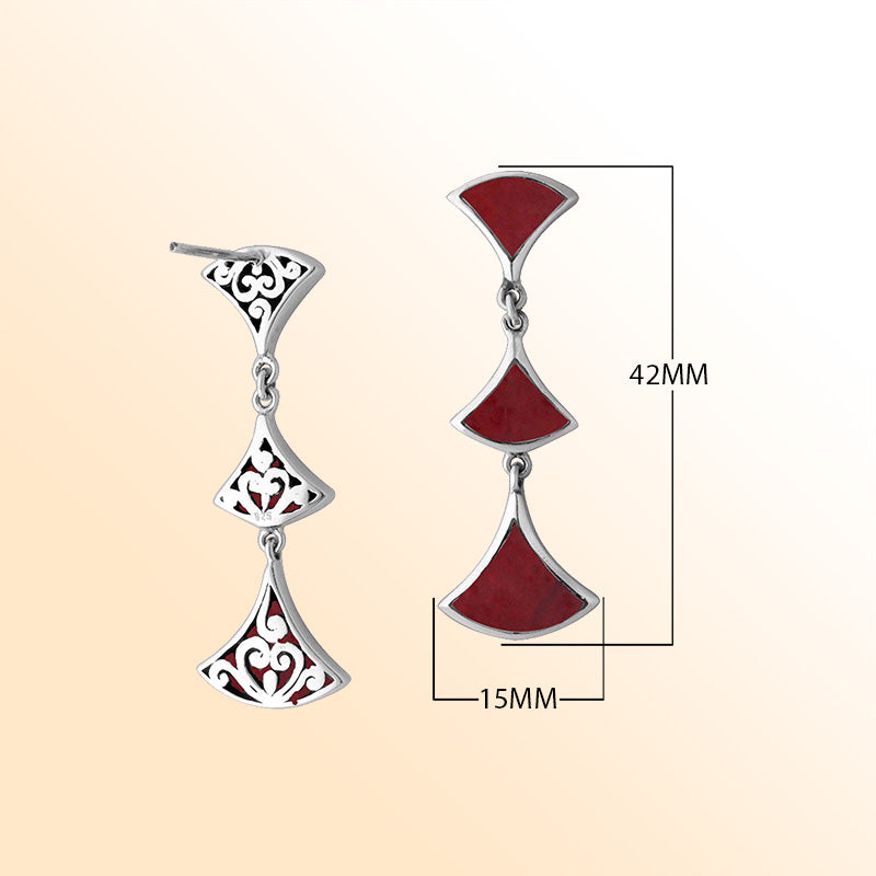 Sterling silver Red Coral drop earrings with filigree accents and post clip lock.