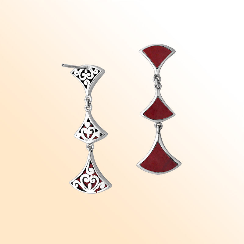 Sterling silver Red Coral drop earrings with filigree accents and post clip lock.