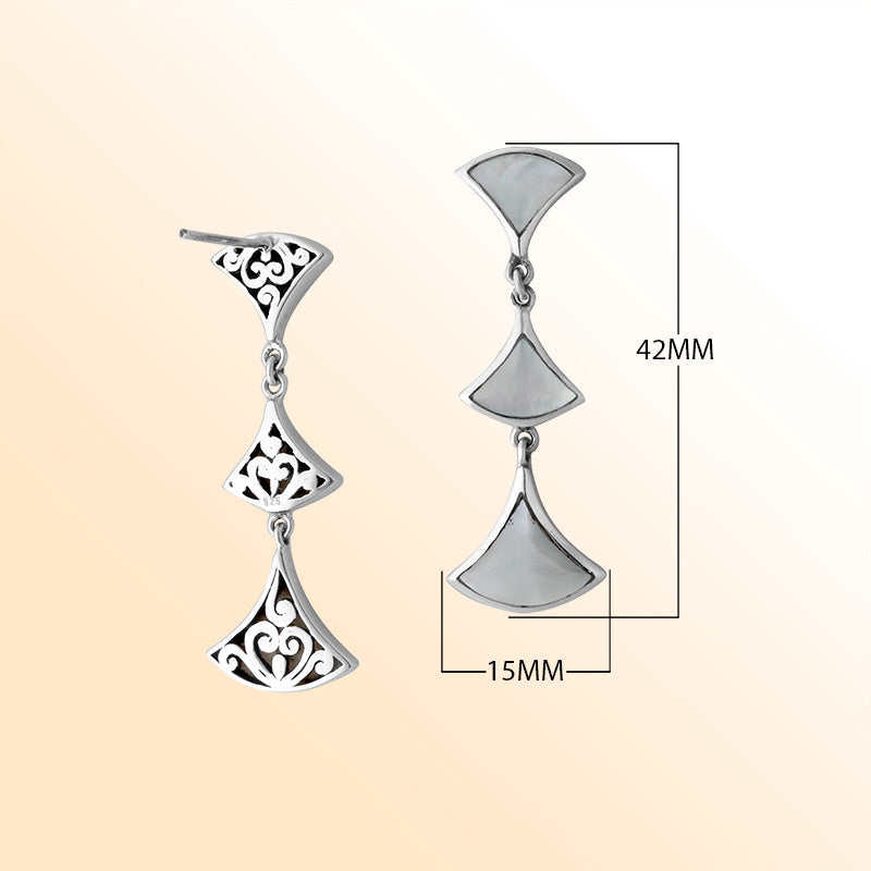 Sterling silver Mother of Pearl drop earrings with filigree accents and post clip lock.