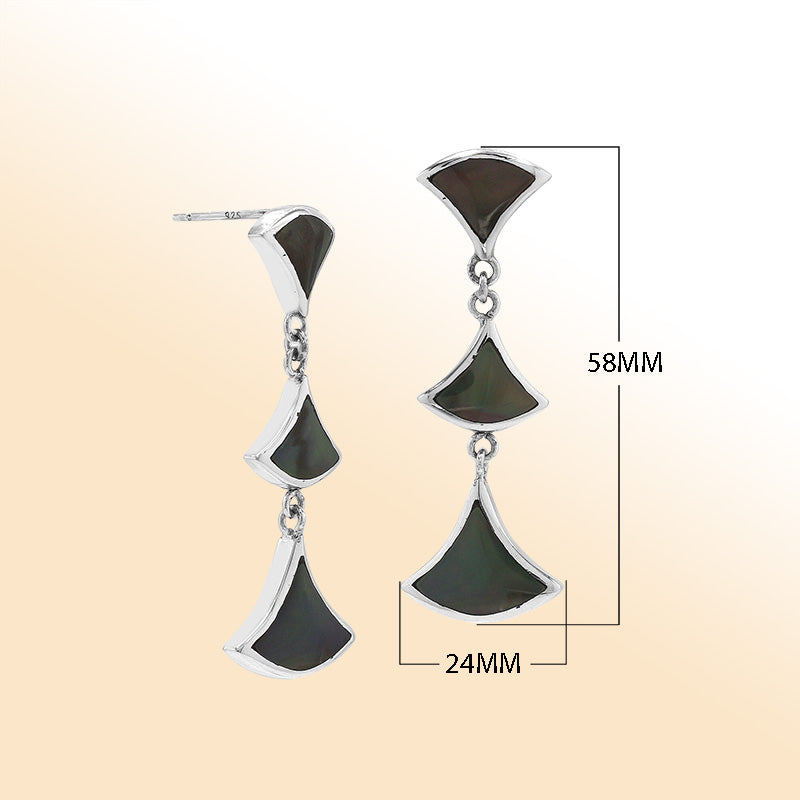 Sterling silver Black Shell drop earrings with three-section fan design and post clip lock.