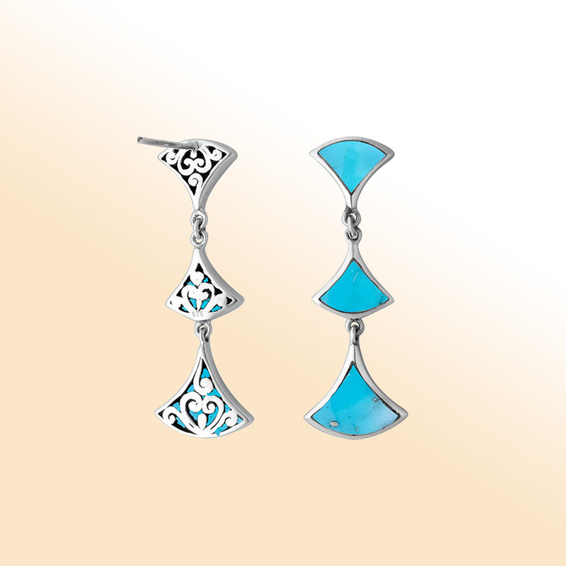Sterling silver Turquoise Shell drop earrings with filigree accents and post clip lock.