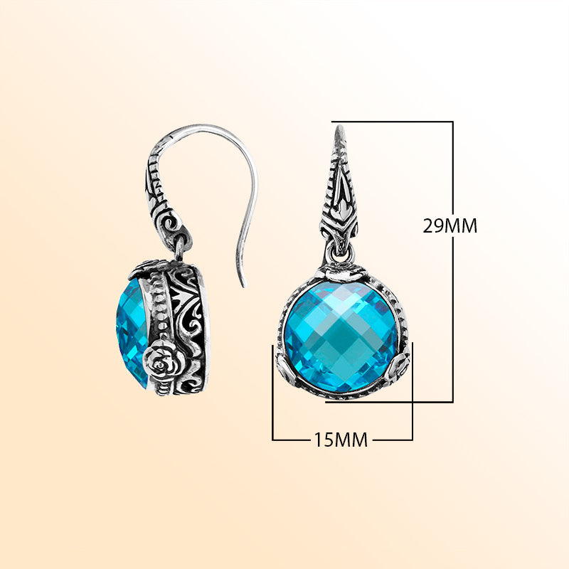 Sterling silver Blue Topaz Quartz earrings with vintage floral design and earwire lock.
