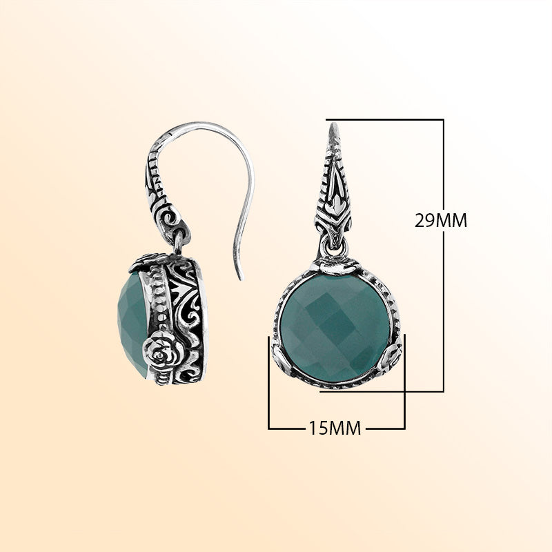 Sterling Silver Blue Chalcedony Quartz drop earrings with vintage inspired silver detailing.