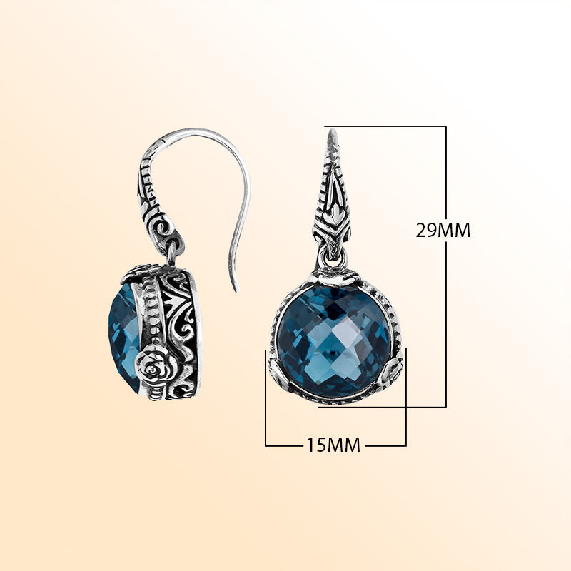 Sterling Silver Blue Chalcedony Quartz drop earrings with vintage inspired silver detailing.