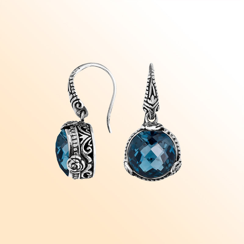 Sterling Silver Blue Chalcedony Quartz drop earrings with vintage inspired silver detailing.