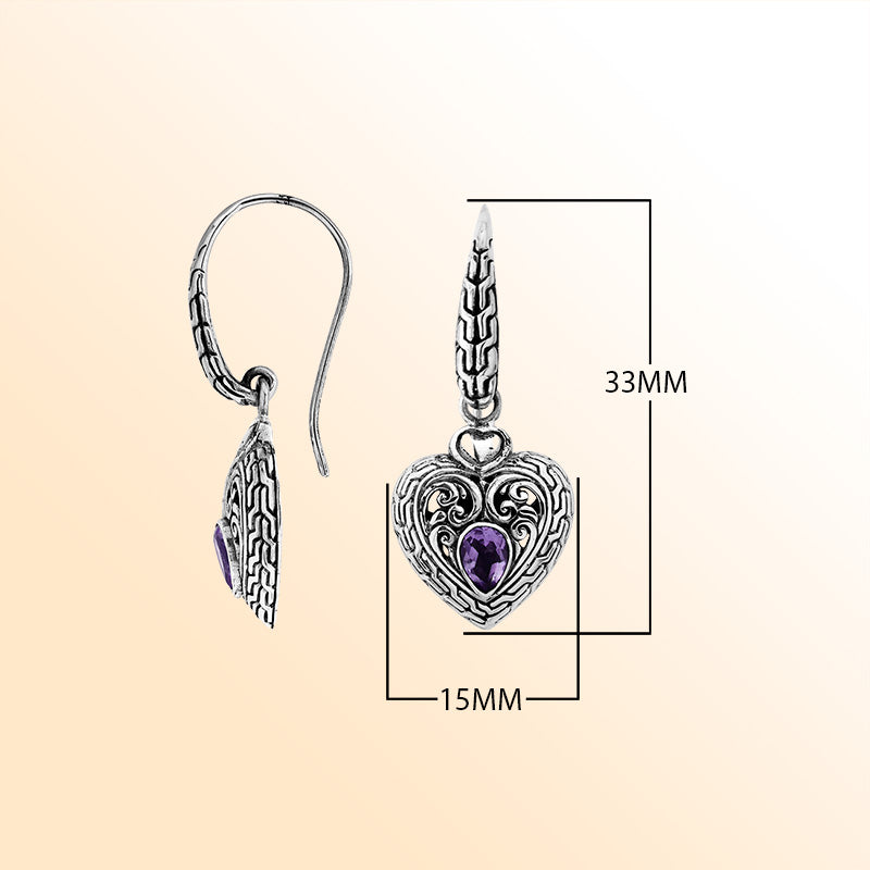 Sterling Silver Amethyst Quartz heart drop earrings with vintage inspired silver detailing.