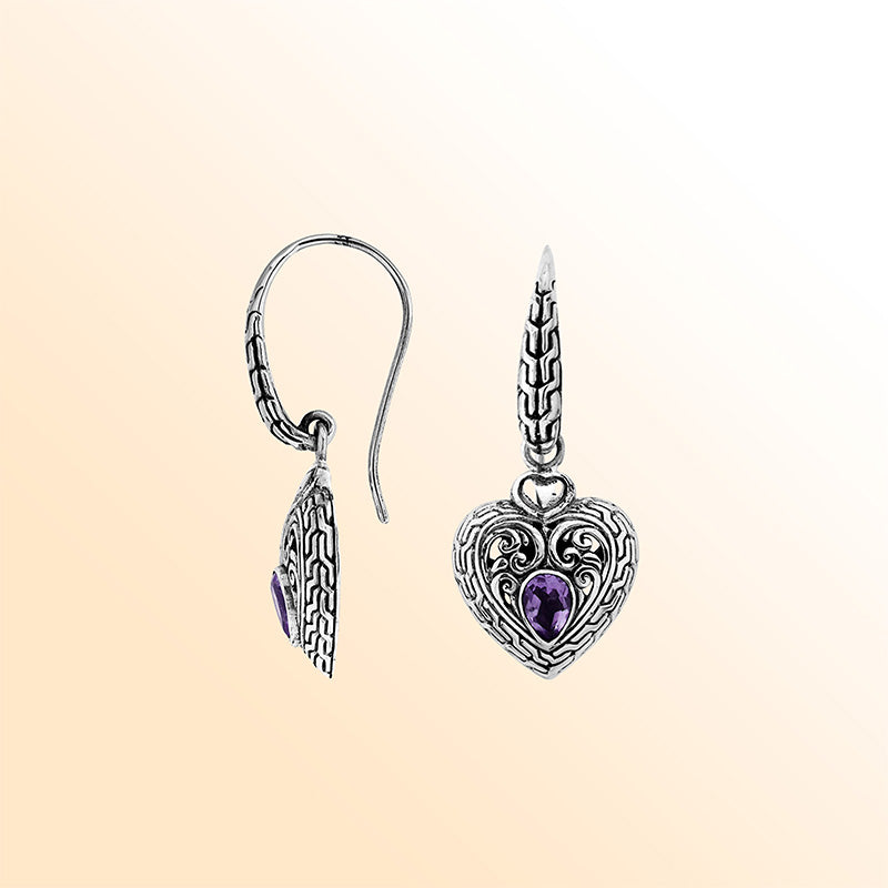 Sterling Silver Amethyst Quartz heart drop earrings with vintage inspired silver detailing.