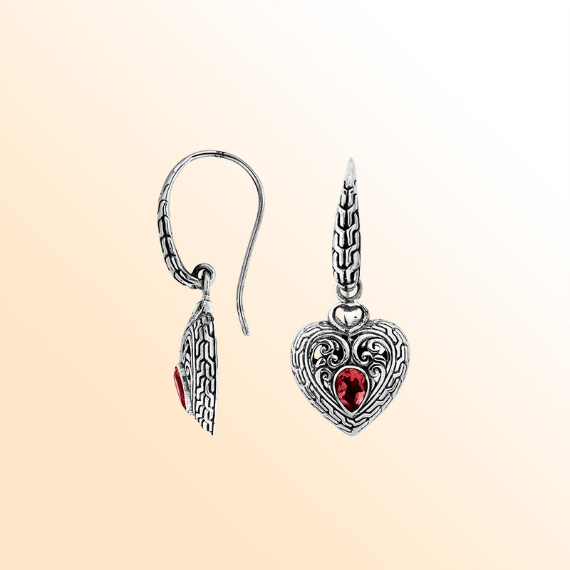 Sterling silver heart earrings with Garnet Quartz and intricate filigree craftsmanship.