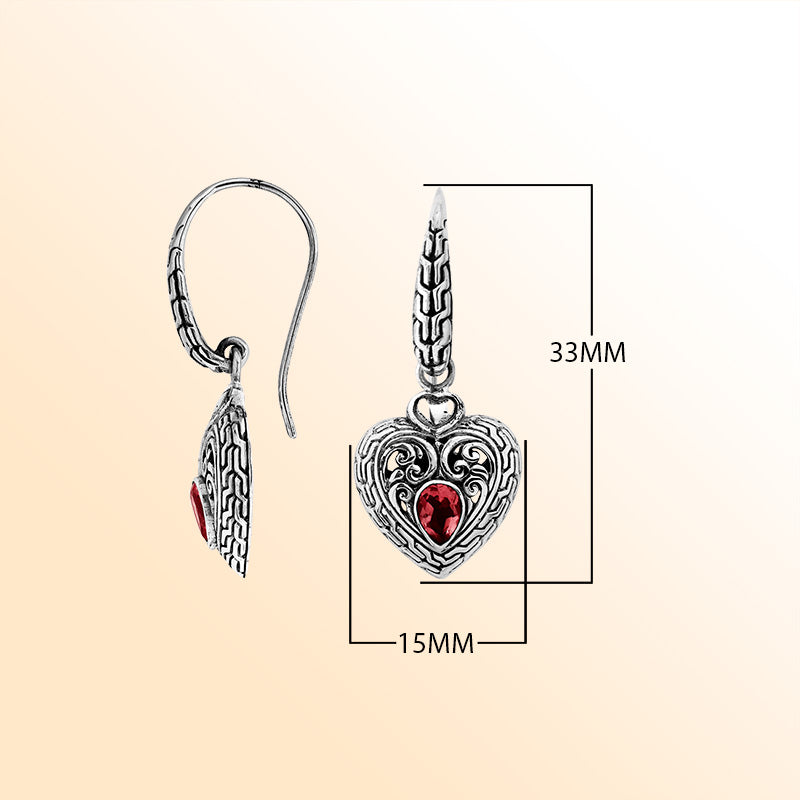 Sterling silver heart earrings with Garnet Quartz and intricate filigree craftsmanship.