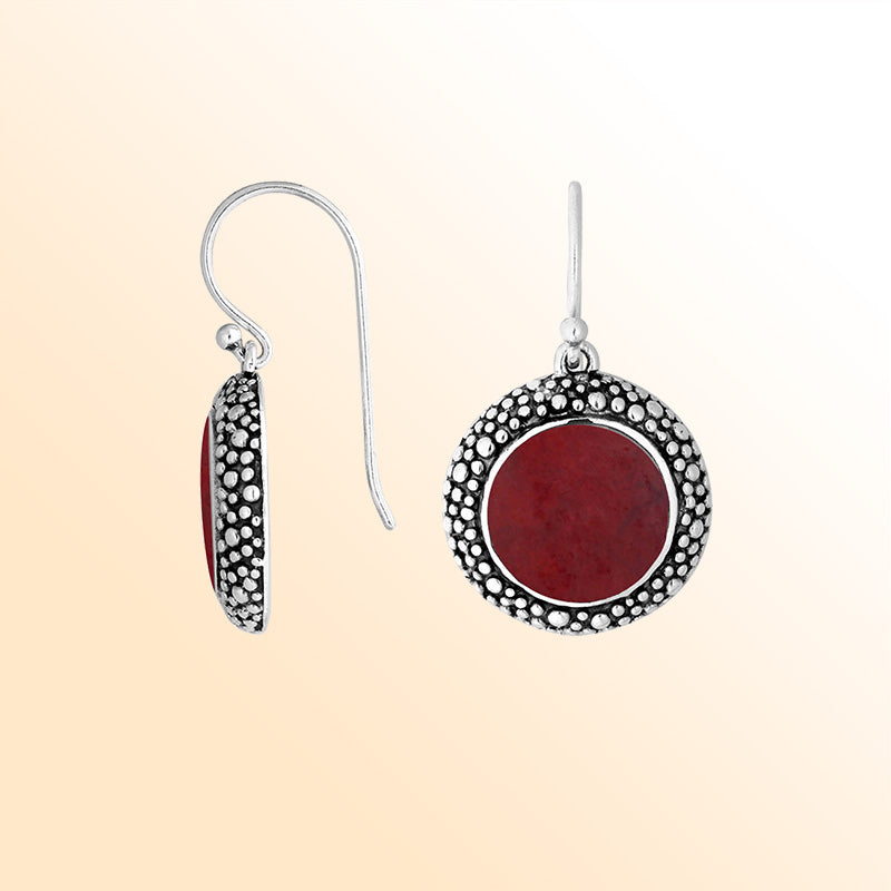 Sterling silver round earrings with Red Coral and oxidized artisan dotted detailing.