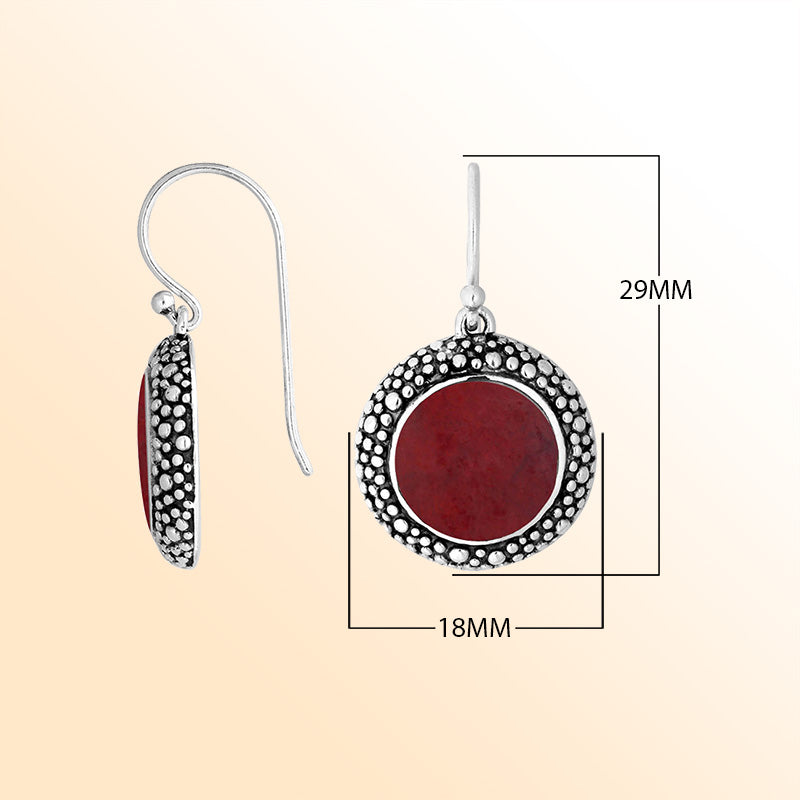 Sterling silver round earrings with Red Coral and oxidized artisan dotted detailing.