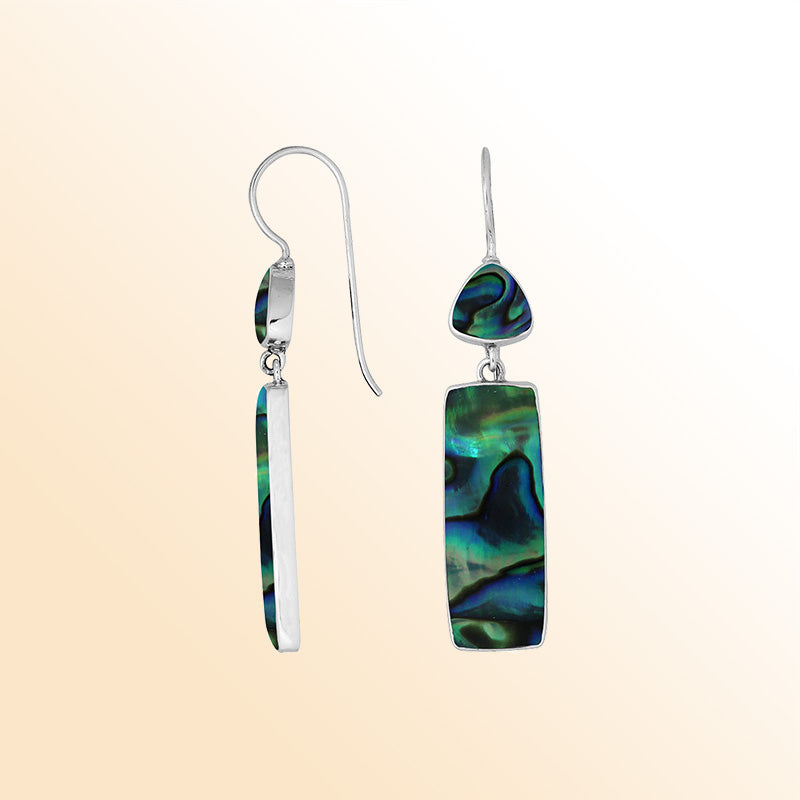 Sterling silver long drop earrings with Abalone Shell and sleek contemporary design.