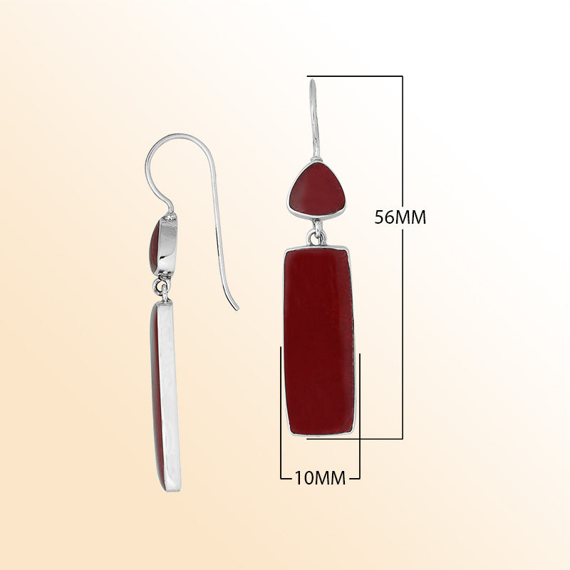 Sterling silver long drop earrings with Red Coral and modern artisan detailing.