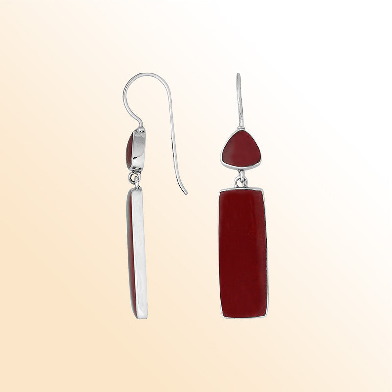 Sterling silver long drop earrings with Red Coral and modern artisan detailing.