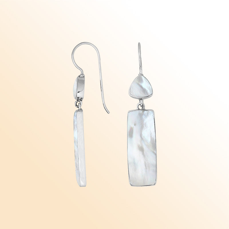 Sterling silver long drop earrings with Mother Of Pearl and elegant polished design.