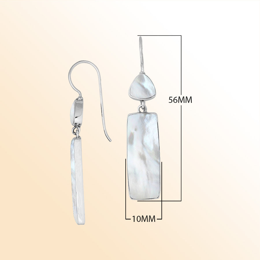 Sterling silver long drop earrings with Mother Of Pearl and elegant polished design.