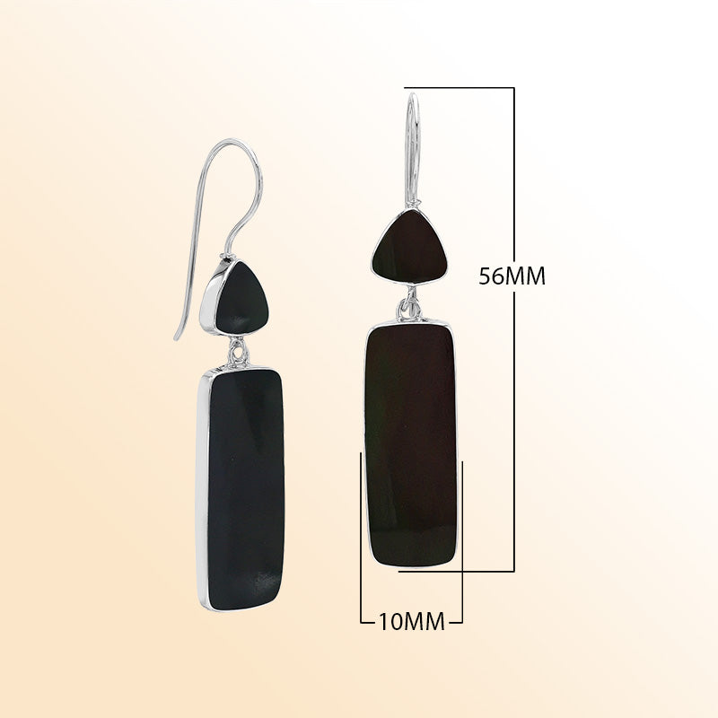 Handcrafted Sterling Silver Black Shell Rectangle Drop Earrings With Polished Midnight Finish
