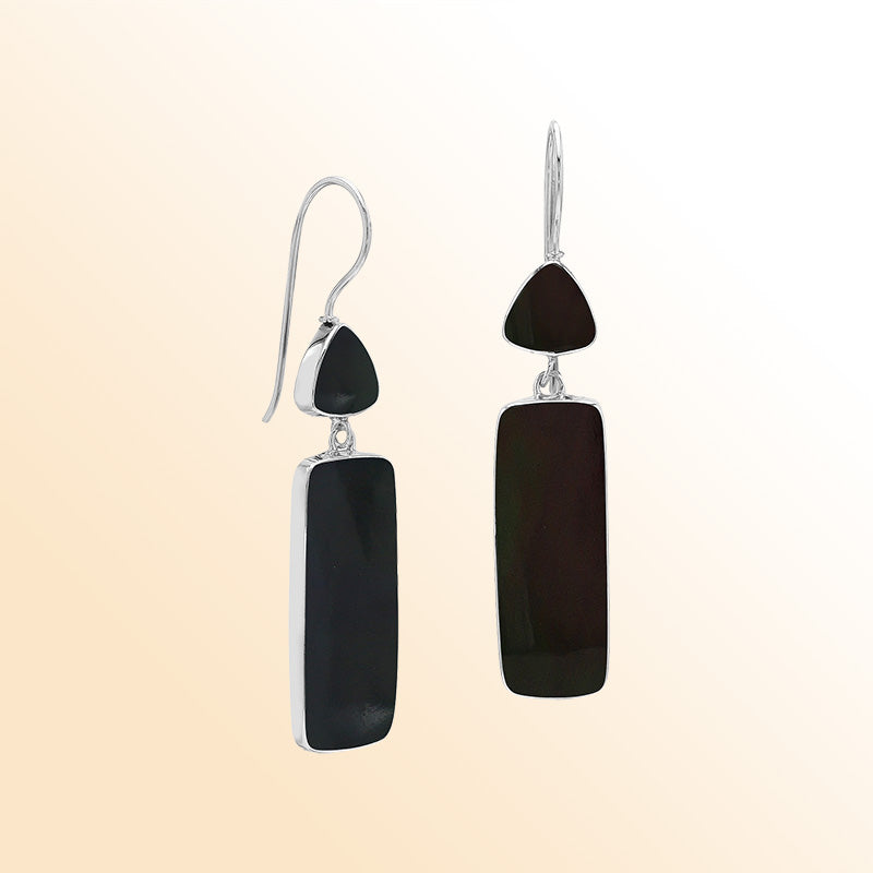 Handcrafted Sterling Silver Black Shell Rectangle Drop Earrings With Polished Midnight Finish
