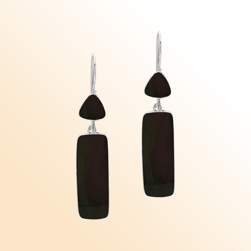 Handcrafted Sterling Silver Black Shell Rectangle Drop Earrings With Polished Midnight Finish