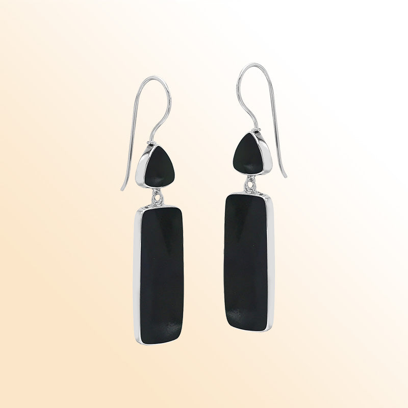 Handcrafted Sterling Silver Black Shell Rectangle Drop Earrings With Polished Midnight Finish