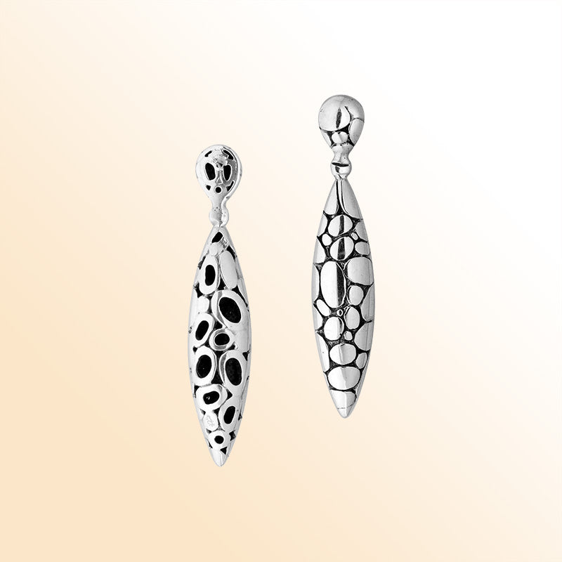 Handcrafted Sterling Silver Textured Elongated Drop Earrings With Oxidized Finish