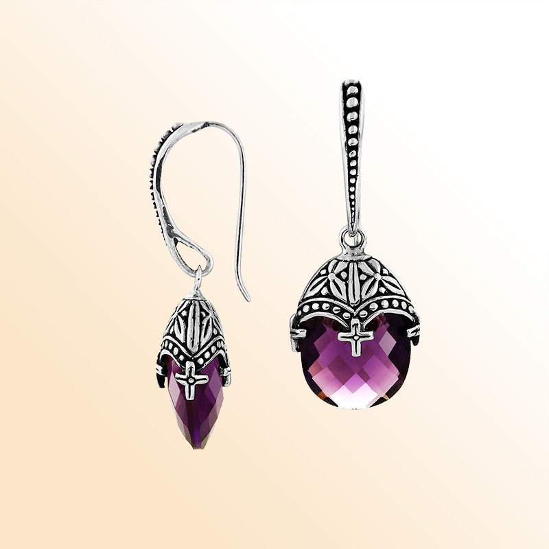 Handcrafted Sterling Silver Amethyst Quartz Faceted Drop Earrings With Ornate Bali Detailing