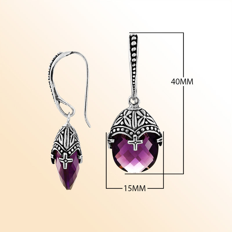 Handcrafted Sterling Silver Amethyst Quartz Faceted Drop Earrings With Ornate Bali Detailing