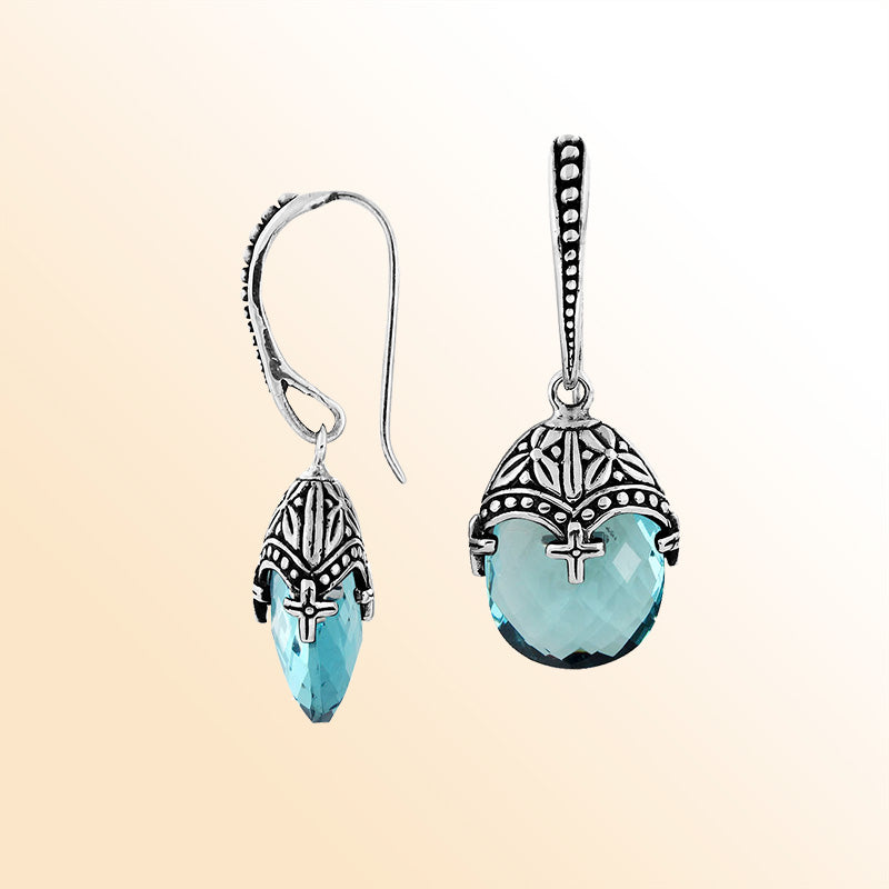 Handcrafted Sterling Silver Blue Topaz Quartz Faceted Drop Earrings With Ornate Bali Detailing