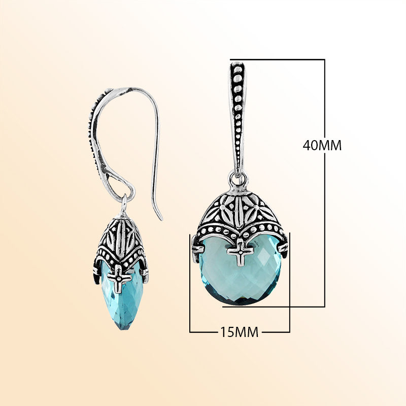 Handcrafted Sterling Silver Blue Topaz Quartz Faceted Drop Earrings With Ornate Bali Detailing