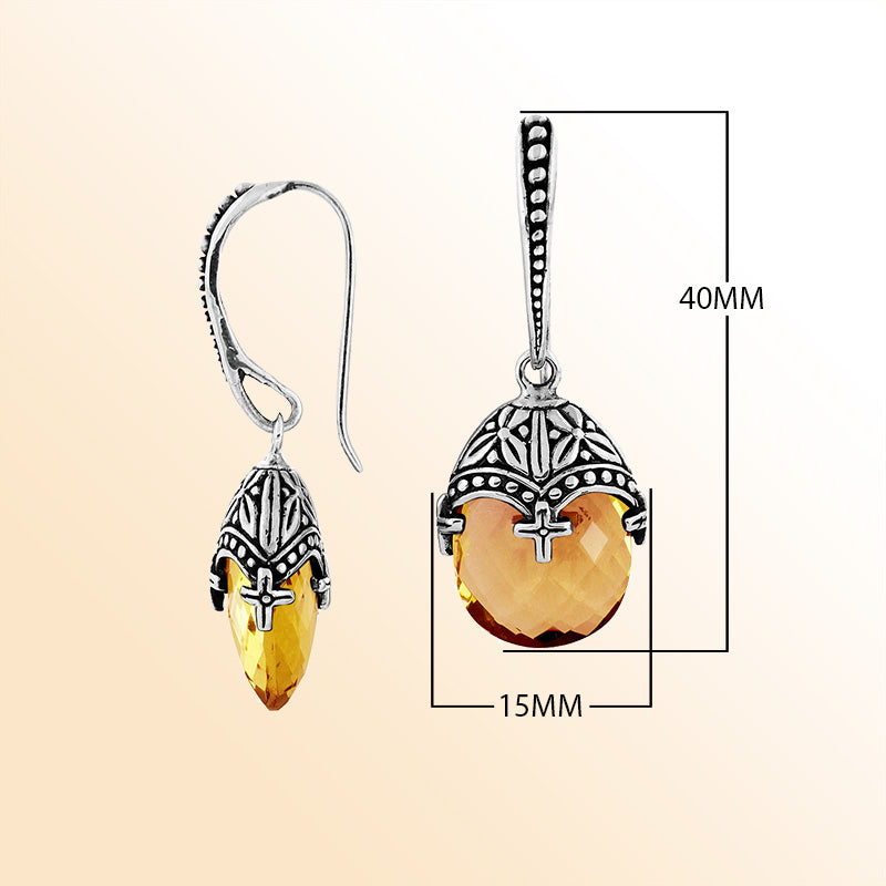 Handcrafted Sterling Silver Citrine Quartz Faceted Drop Earrings With Ornate Bali Detailing