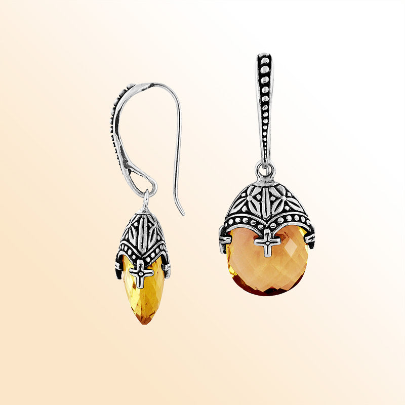 Handcrafted Sterling Silver Citrine Quartz Faceted Drop Earrings With Ornate Bali Detailing