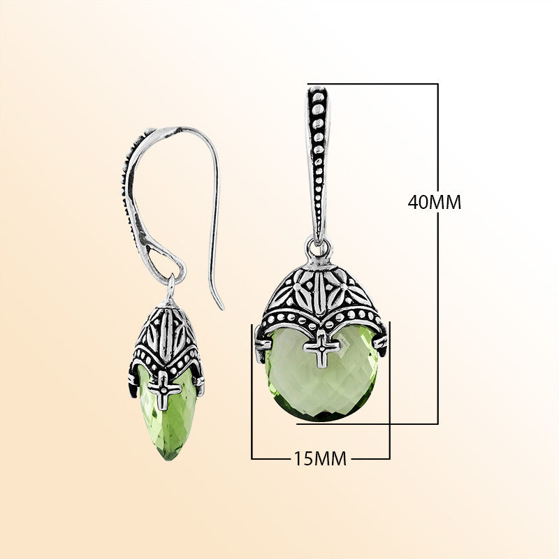 Handcrafted Sterling Silver Green Amethyst Quartz Faceted Drop Earrings With Ornate Bali Detailing