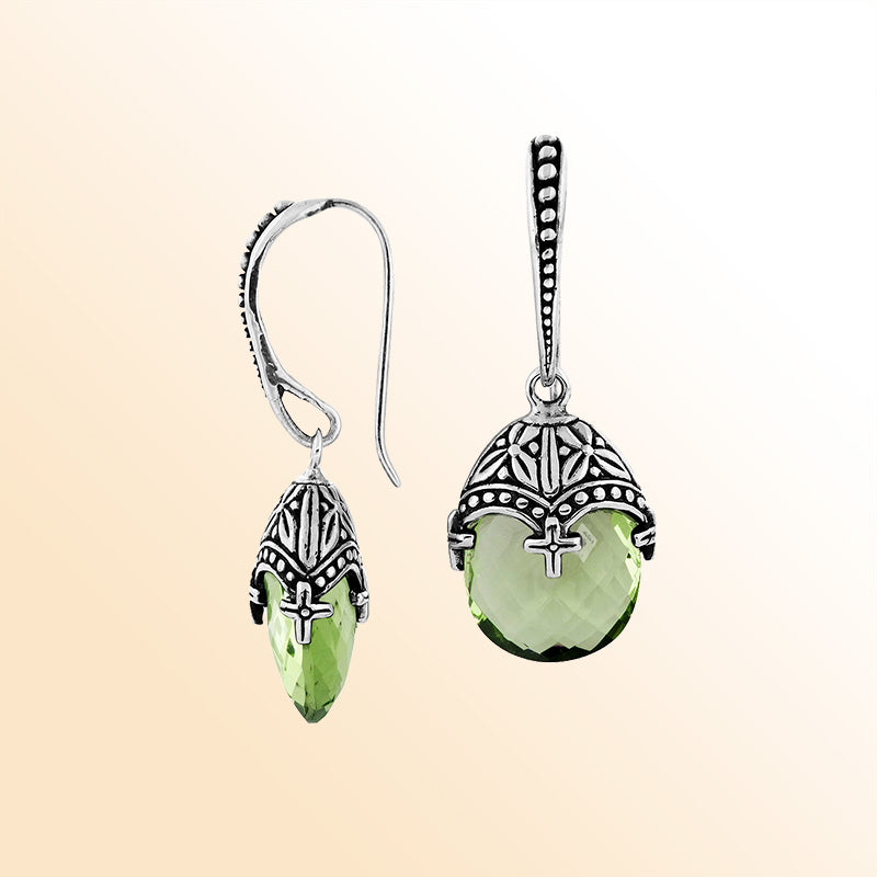 Handcrafted Sterling Silver Green Amethyst Quartz Faceted Drop Earrings With Ornate Bali Detailing