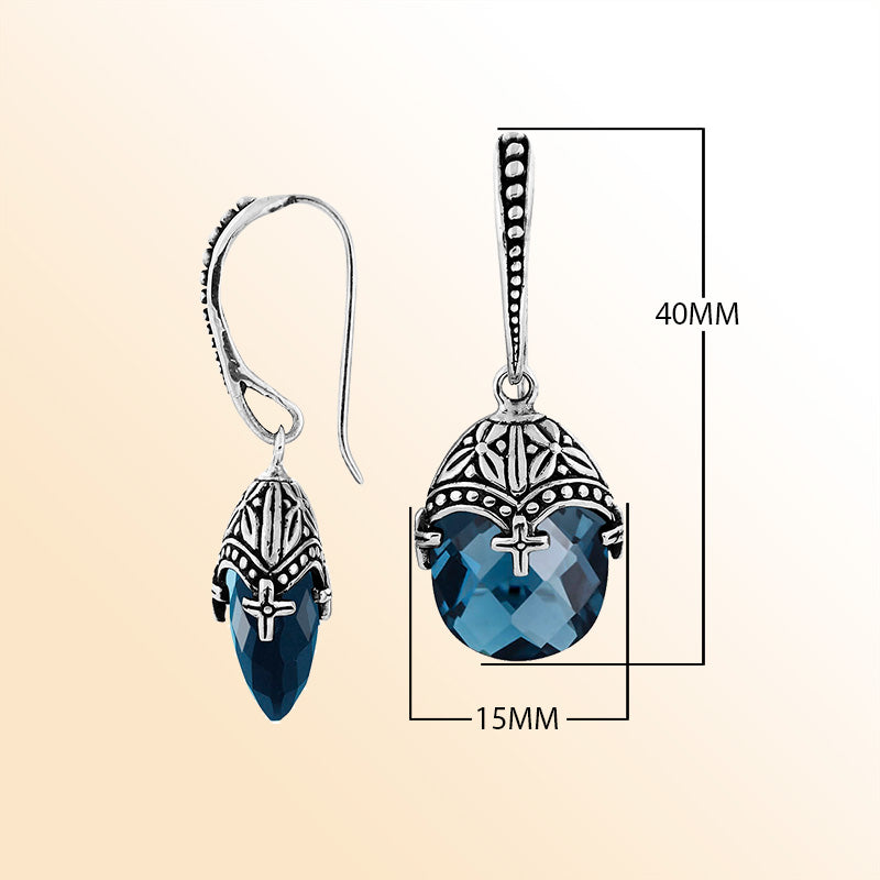 Handcrafted Sterling Silver London Blue Topaz Quartz Faceted Drop Earrings With Ornate Bali Detailing