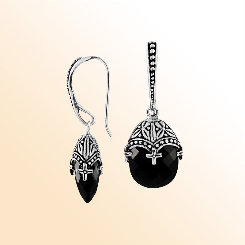 Handcrafted Sterling Silver Black Onyx  Faceted Drop Earrings With Ornate Bali Detailing