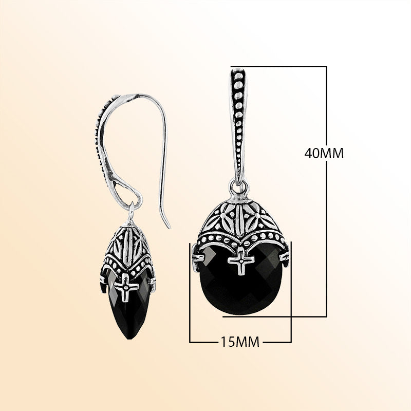 Handcrafted Sterling Silver Black Onyx  Faceted Drop Earrings With Ornate Bali Detailing