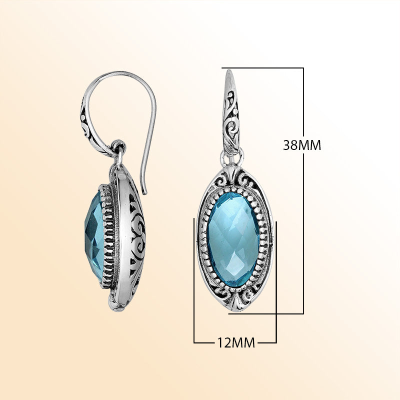 Handcrafted Sterling Silver Blue Topaz Quartz Faceted Oval Earrings With Ornate Bali Detailing