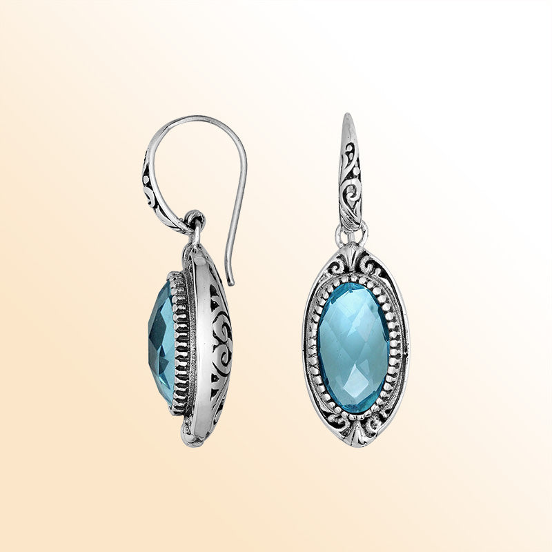Handcrafted Sterling Silver Blue Topaz Quartz Faceted Oval Earrings With Ornate Bali Detailing