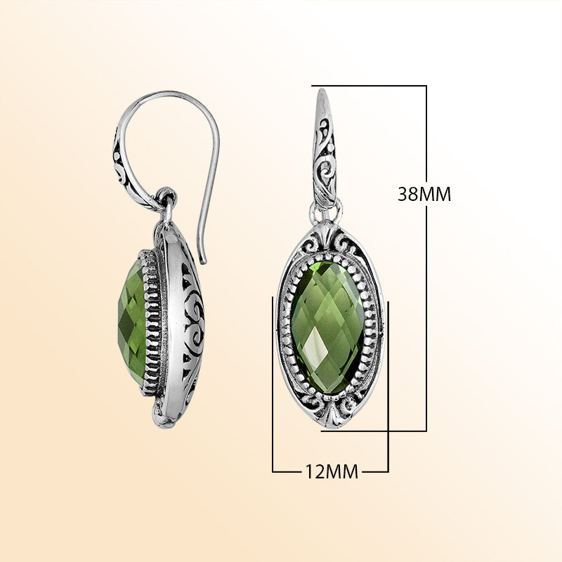 Handcrafted Sterling Silver Green Amethyst Quartz Faceted Oval Earrings With Ornate Bali Detailing