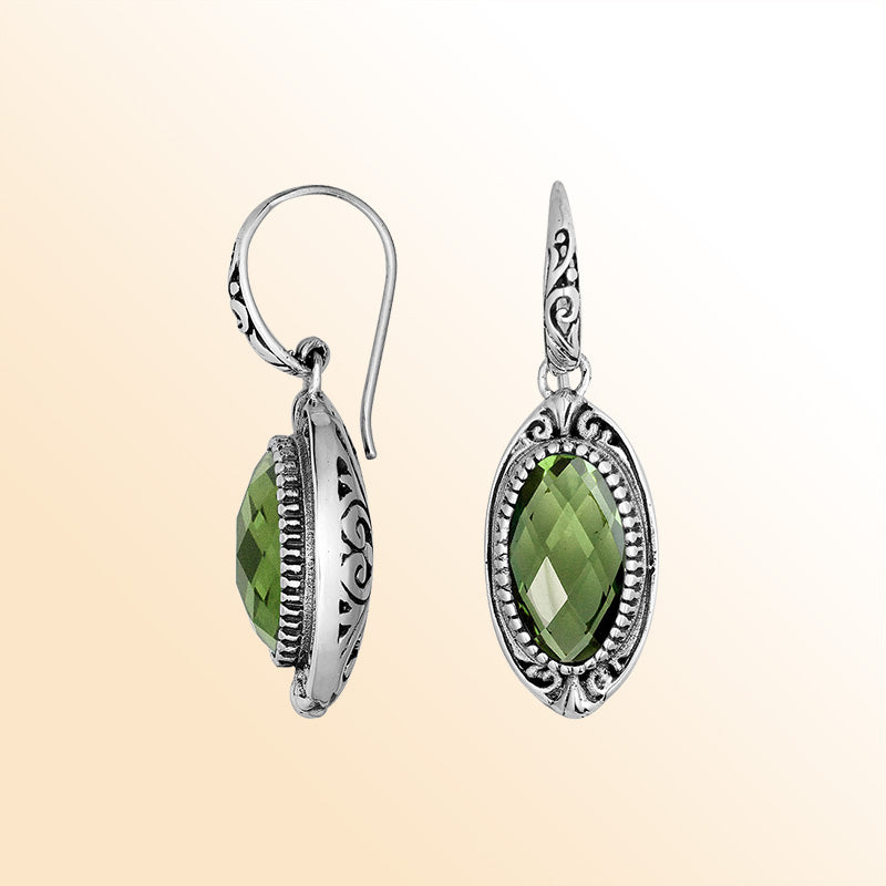 Handcrafted Sterling Silver Green Amethyst Quartz Faceted Oval Earrings With Ornate Bali Detailing
