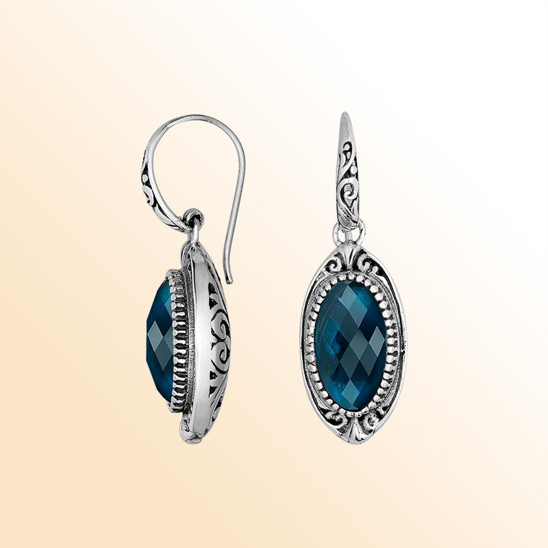 Handcrafted Sterling Silver London Blue Topaz Quartz Faceted Oval Earrings With Ornate Bali Detailing