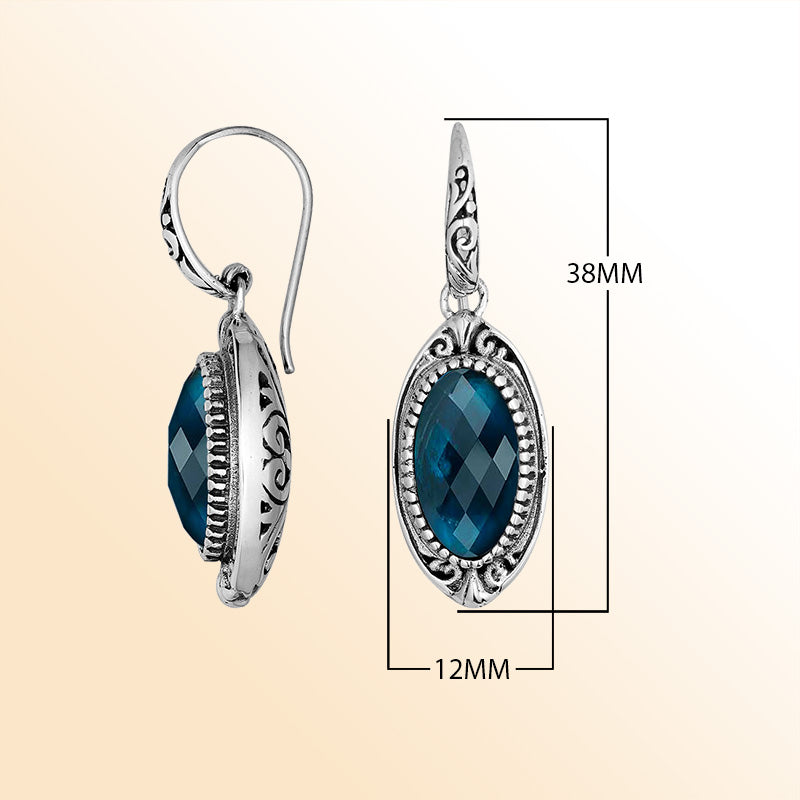 Handcrafted Sterling Silver London Blue Topaz Quartz Faceted Oval Earrings With Ornate Bali Detailing