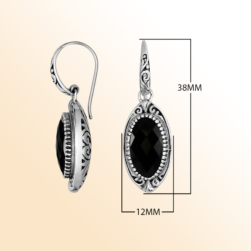 Handcrafted Sterling Silver Black Onyx Faceted Oval Earrings With Ornate Bali Detailing